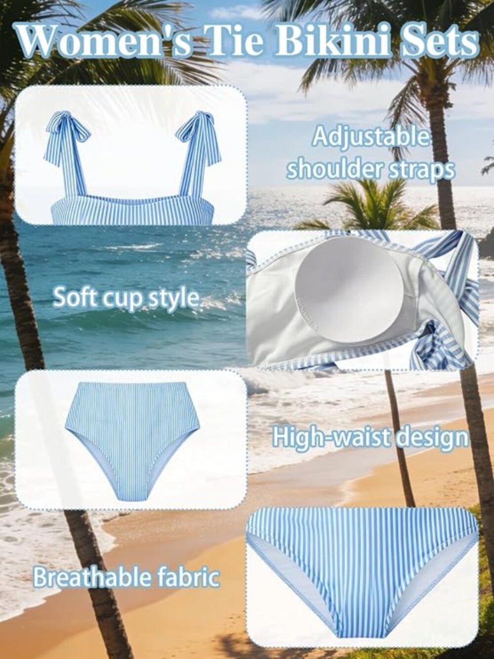 New Striped Tie Shoulder High Waist Two Piece Bikini - Picture 9 of 13